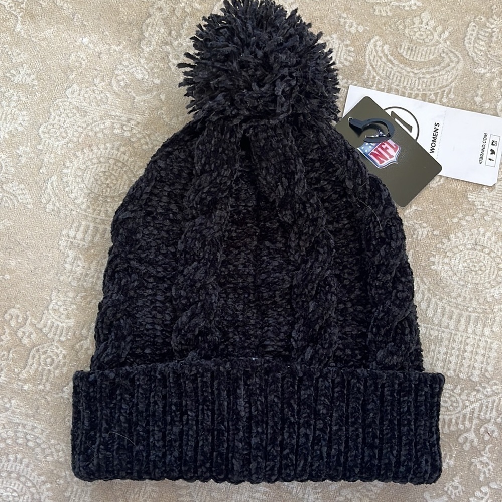 Brand New 47 Brand NFL Steelers Football Black Chenille Knit Cuffed Pom Hat - Picture 7 of 12